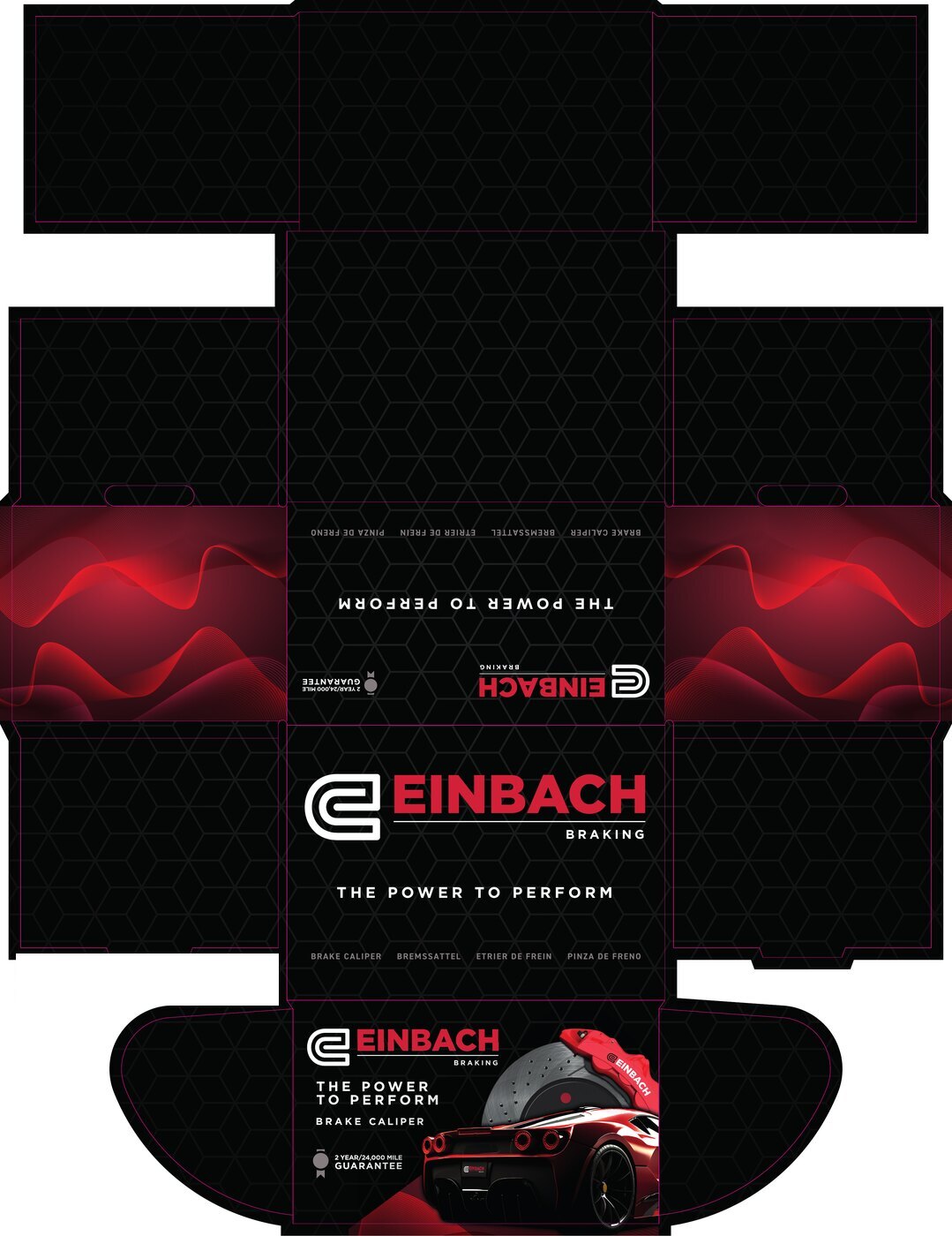 Flat Einbach brake caliper box design showing the complete packaging dieline