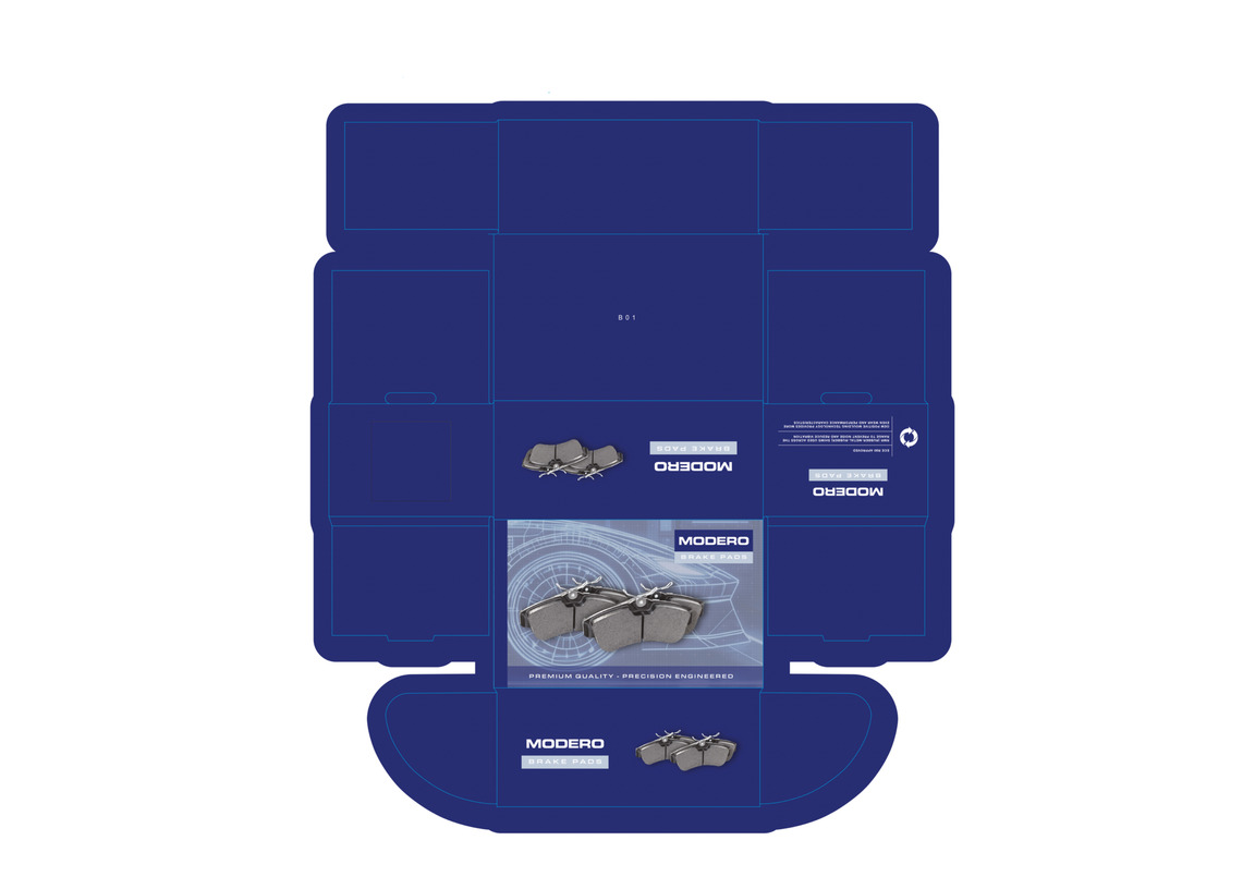 Flat Modero brake pad box design showing the complete packaging dieline